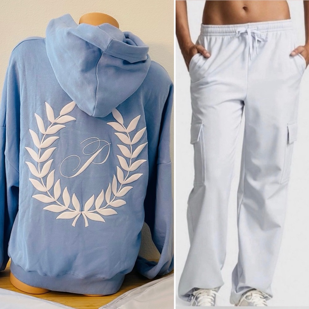 PINK Victorias Secret Fleece Ivy Hoodie Full Zip & Brushed Woven Cargo Pants XXL